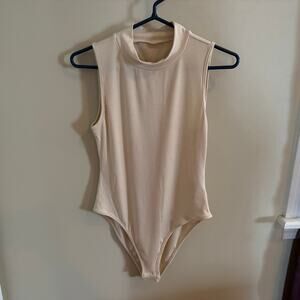 SHEIN Unity Summer Solid Ribbed Cream Sleeveless Bodysuit Size L